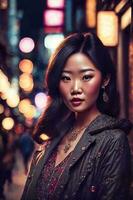 schön jung asiatisch Frau mit Stadt Straße Nacht im Hintergrund, generativ ai foto