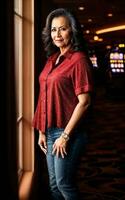 Mitte alt indisch Frau beim Luxus Kasino, generativ ai foto