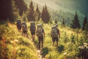 ai generativ. Gruppe von Touristen Wandern im das Berge. foto