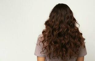 ai generativ. Rückseite Aussicht von ein Mädchen mit schön lange dunkel Haar. foto