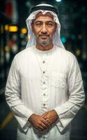 Reich arabisch Geschäftsmann im traditionell Weiß Outfit im Nacht Straße Hintergrund, generativ ai foto