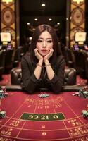 ziemlich jung asiatisch Frau beim Glücksspiel Kasino Salon, generativ ai foto