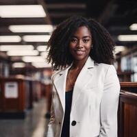 schön afrikanisch amerikanisch schwarz Frau mit Bibliothek im Hintergrund, generativ ai foto