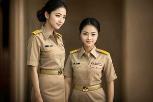 Foto von Mitte alt asiatisch Frau im thailändisch Lehrer Uniform, generativ ai