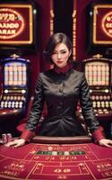 schön asiatisch Frau mit Luxus Kleid im großartig Kasino Glücksspiel, generativ ai foto