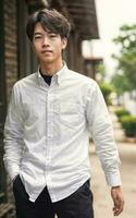 thailändisch Menschen im Thailand technisch Hochschule Uniform Weiß Hemd und keuchen, generativ ai foto