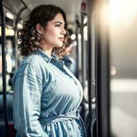 schön Frau Stehen Innerhalb Öffentlichkeit Bus Transport, generativ ai foto