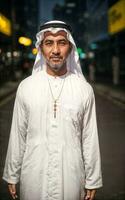 Reich arabisch Geschäftsmann im traditionell Weiß Outfit im Nacht Straße Hintergrund, generativ ai foto