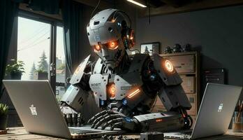 Roboter Humanoid ermächtigt durch generativ ai Technologie schafft Inhalt, und liefert Clever Antworten ai generiert foto