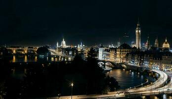 das fesselnd Schönheit von das Hauptstadt Stadt beleuchtet Horizont ai generiert foto