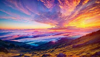Erfassen das vollkommen spektakulär Sonnenuntergang mit bunt Wolken und ein Epos hell Himmel ai generiert foto