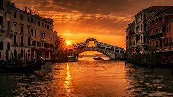 das Rialto Brücke beim Sonnenaufgang einer von das die meisten hat besucht Sehenswürdigkeiten von Venedig Italien. generativ ai foto