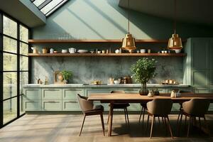 stilvoll Küche Prahlerei ein Salbei Grün Zähler Kabinett, Induktion, und natürlich Licht ai generiert foto