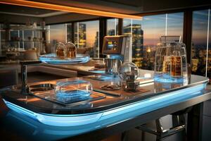 zeitgenössisch Küche Innere Umarmen modern Technologie zum ein futuristisch Stimmung ai generiert foto