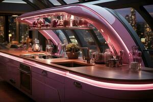 futuristisch Küche Design mit ein faszinierend Atmosphäre erstellt durch lila LED Beleuchtung ai generiert foto