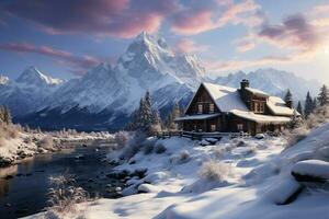 des Winters Umarmung Decken das Berg Dorf mit ein fesselnd Landschaft ai generiert foto