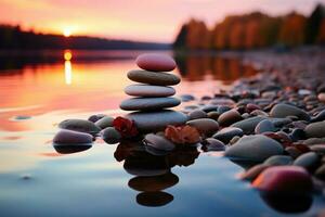 still Sonnenuntergang Einstellung, Zen Steine friedlich ruhen im schimmernd Wasser ai generiert foto