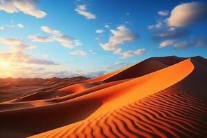 symbolisch Abend Himmel und trocken Sand Dünen hervorrufen global Erwärmung hart Wirklichkeit ai generiert foto