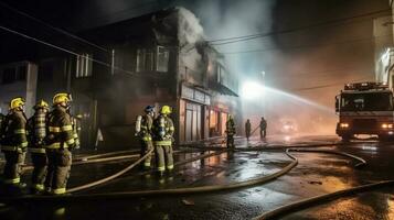 Feuerwehrleute ein Feuer im ein Verbrennung Gebäude beim night.ai generieren foto