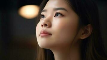 Nahansicht Gesicht Frauen asiatisch Mädchen Denken und suchen nach oben. das Konzept von Inhalt denkt Über Zukunft.ai generieren foto