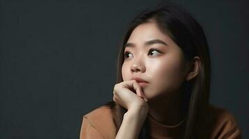 Porträt von ein schön jung asiatisch Frau Denken und suchen up.ai generieren foto