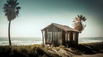 Holz Kabine auf das Strand. Log Kabine durch das Meer im natürlich Landschaft. generativ ai. foto