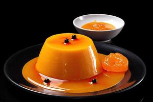 gut Orange Pudding auf ein Platte, schwarz Hintergrund, Illustration, generativ ai foto