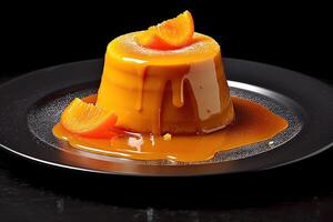 Orange Pudding auf ein Platte, schwarz Hintergrund, Illustration, generativ ai foto