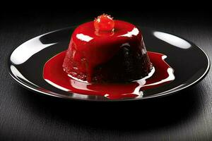 wunderbar rot Pudding auf ein Platte, schwarz Hintergrund, Illustration, generativ ai foto