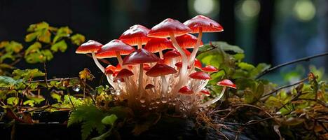 Fantastisch rot Pilze wachsend im das Wald im surreal Licht. Magie Pilze ai generiert foto