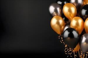 glänzend schwarz und golden Party Luftballons mit schwarz Hintergrund und Kopieren Raum zum Text. generativ ai foto