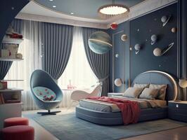 modern Junge Schlafzimmer mit Raum Thema Dekoration. generativ ai foto