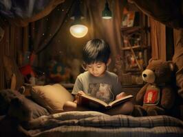 süß asiatisch Junge lesen Buch Vor Bett Zeit im gemütlich Schlafzimmer. generativ ai foto