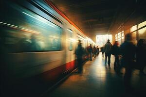 ein Zug Bahnhof U-Bahn mit verschwommen Bewegung und Gehen Menschen, generativ ai foto