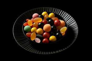wunderbar realistisch bunt Süßigkeiten auf ein Platte, schwarz Hintergrund, Illustration, generativ ai foto