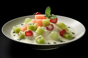 schön Melone Salat Pudding auf ein Platte, schwarz Hintergrund, Illustration, generativ ai foto
