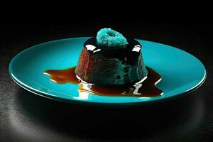 köstlich Spirulin Pudding auf ein Platte, schwarz Hintergrund, Illustration, generativ ai foto