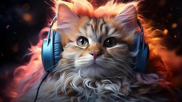 süß Katze tragen Kopfhörer Hören zu Musik, Illustration von Fantasie surreal Karikatur Charakter Tier Farbe, generativ ai foto