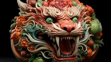 Chinesisch Tierkreis Drachen Keramik geschnitzt. Fantasie asiatisch Kunst Feier von Chinesisch Neu Jahr 2024 ,generativ ai foto