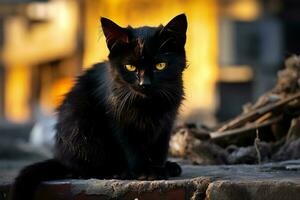 ein obdachlos schwarz Kätzchen ist Sitzung auf das Straße foto
