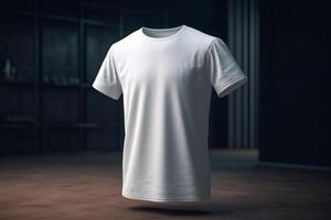 zeitgenössisch und sauber, 3d leeren Weiß T-Shirt Attrappe, Lehrmodell, Simulation mit glatt Stil, 3d machen ai generiert foto