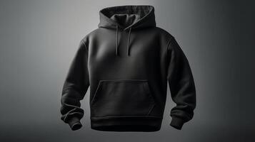 ein schwarz 3d Kapuzenpullover Attrappe, Lehrmodell, Simulation, leer, mit Nein Design oder Grafik, auf ein solide Weiß Hintergrund ai generiert foto