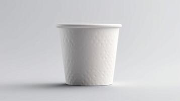 das neutral Weiß Hintergrund von diese Attrappe, Lehrmodell, Simulation betont Ihre Designs auf das Eis Sahne Papier Tasse ai generiert foto