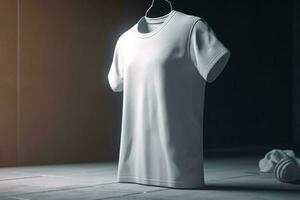 Fett gedruckt und Schön, 3d leeren Weiß T-Shirt Attrappe, Lehrmodell, Simulation mit groß drucken Bereich,3d machen ai generiert foto