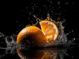 Nahansicht Spritzen Orange Obst mit Wasser Spritzen Fotografie im schwarz Hintergrund. immer noch Leben Fotografie. generativ ai. foto