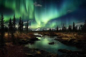 Aurora Landschaft mit Nord Beleuchtung, generativ ai foto