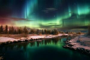 Aurora Landschaft mit Nord Beleuchtung, generativ ai foto