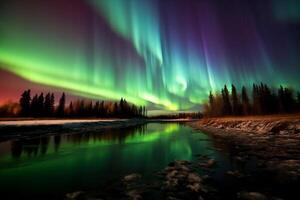 Aurora Landschaft mit Nord Beleuchtung, generativ ai foto