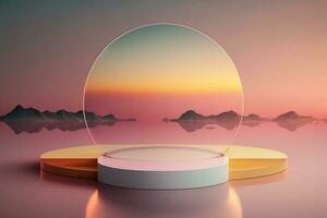 Anzeige Podium mit runden transparent Dekor Brechung Licht beim Sonnenuntergang. Berge im das Hintergrund. erstellt mit generativ ai foto