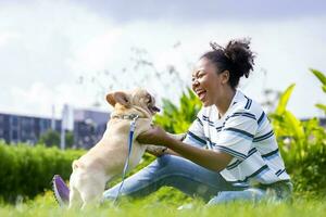 afrikanisch amerikanisch Frau ist spielen mit ihr Französisch Bulldogge Hündchen während Gehen beim das Hund Park beim Gras Rasen nach haben Morgen Übung während Sommer- foto